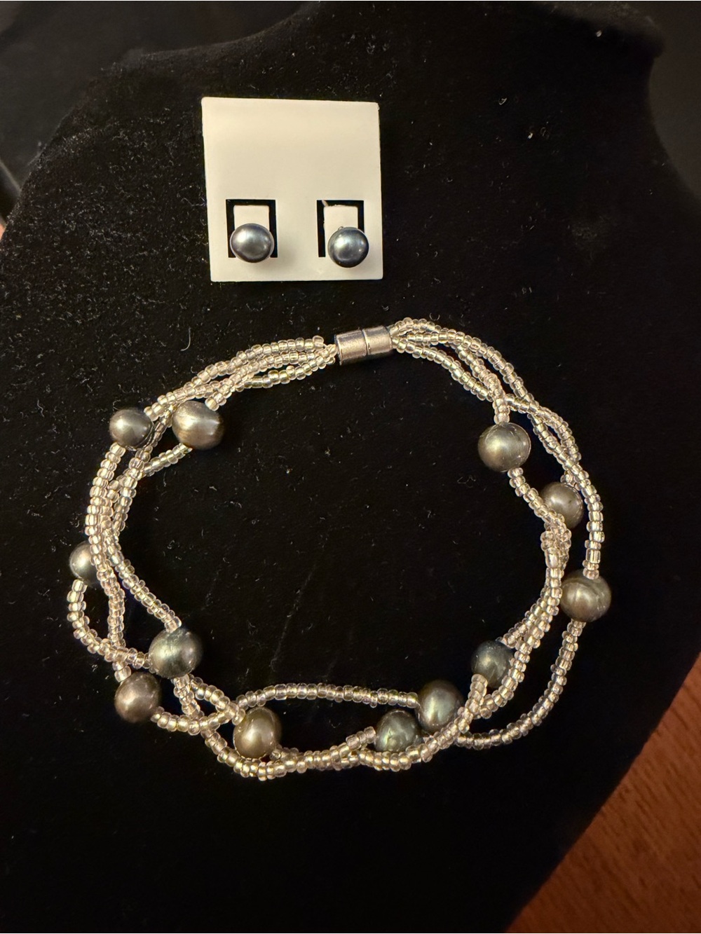Multi-Strand Grey Pearl Bead Bracelet with Matching Stud Earrings
